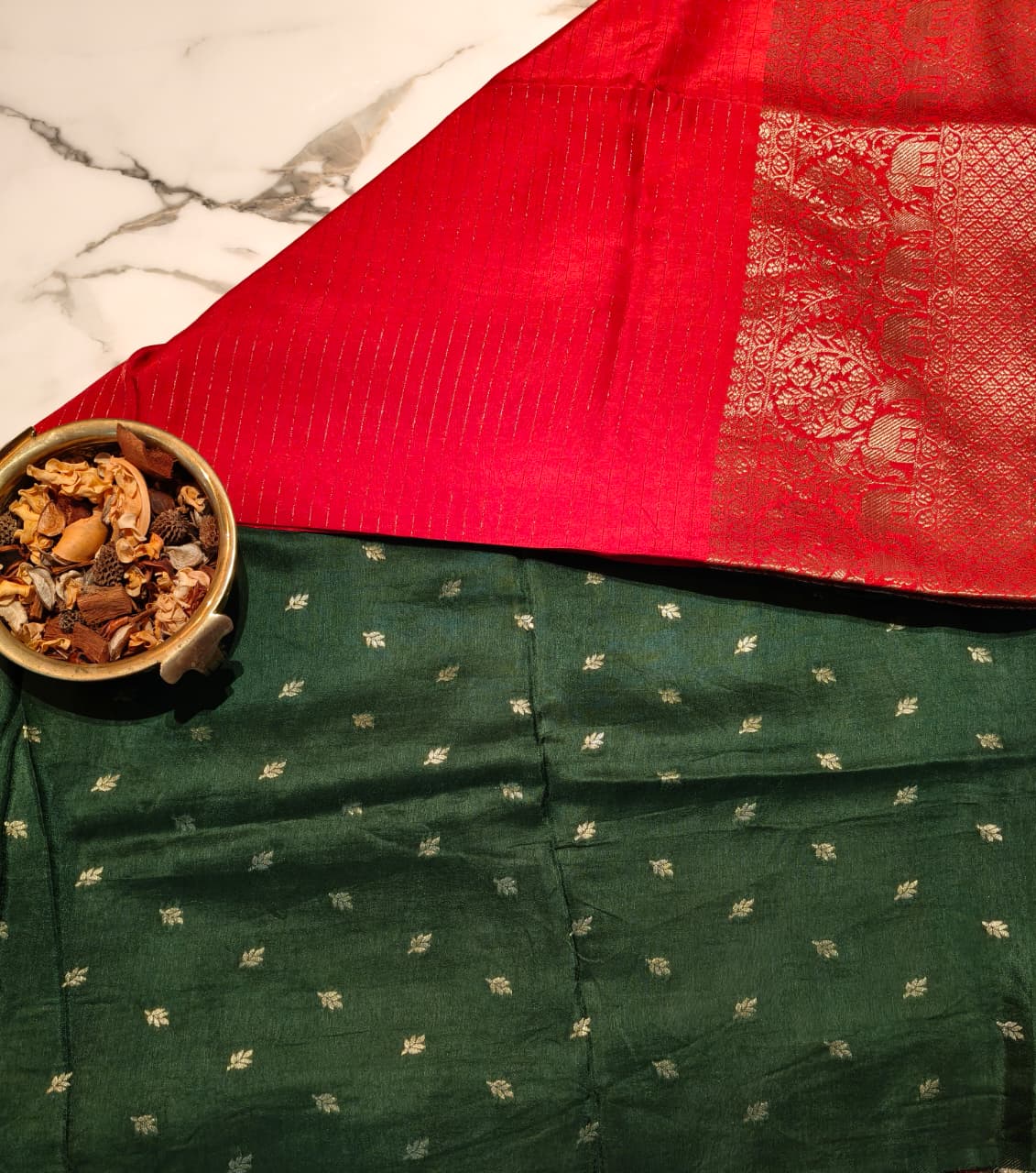 Red with Green Georgette Zari