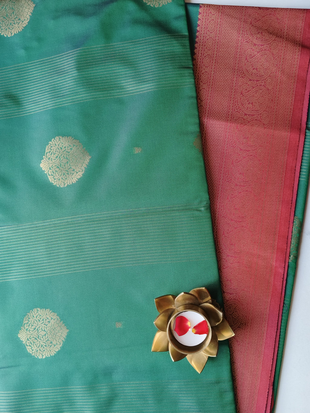 Soft Pattu Dark Green with Cherry Red