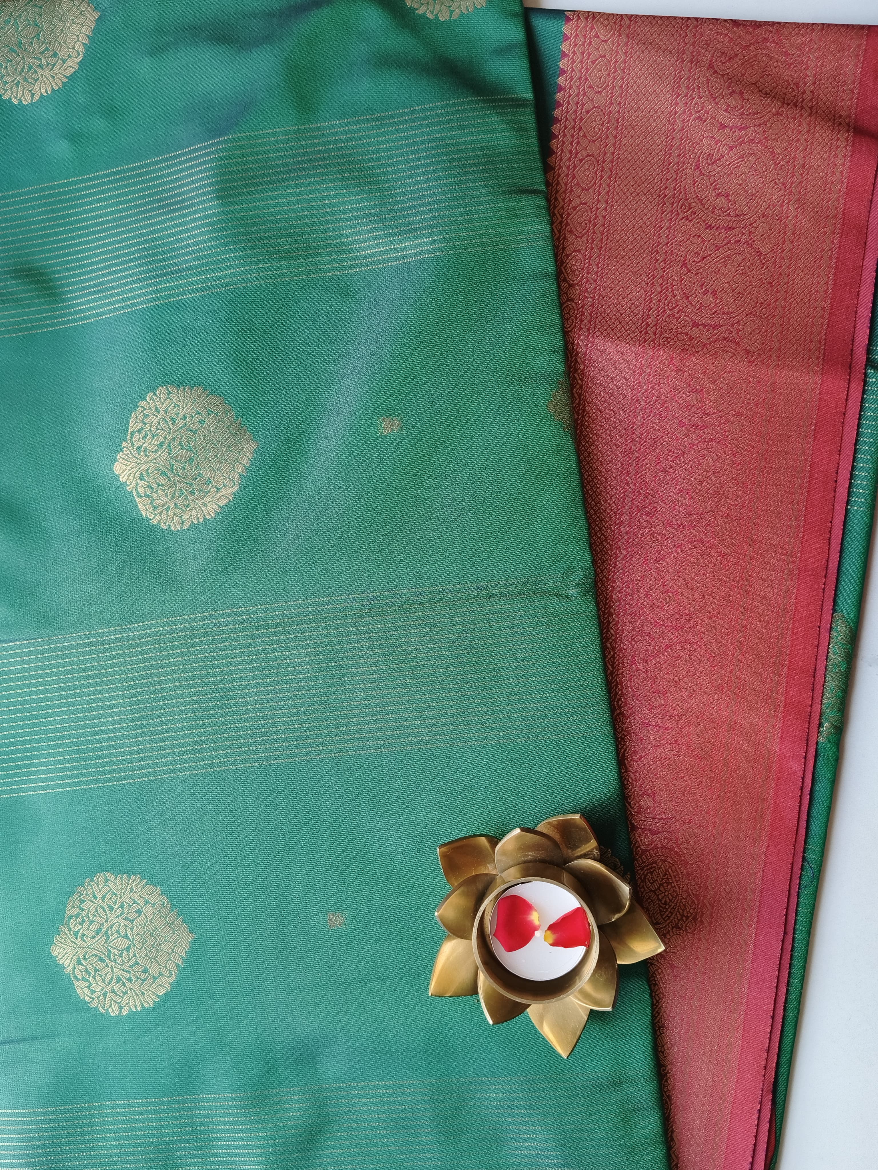 Soft Pattu Dark Green with Cherry Red