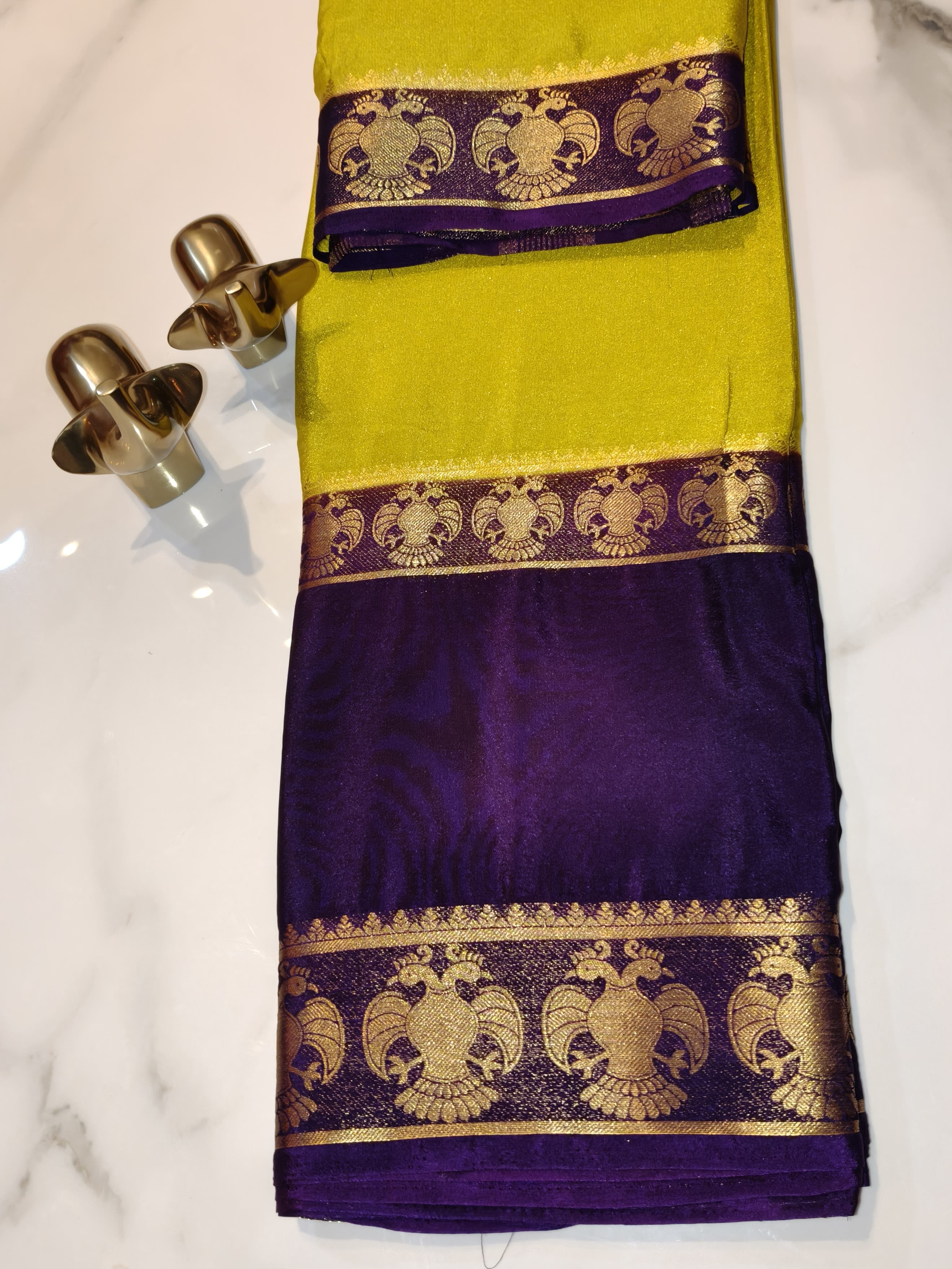 Mehendi Green with Violet Crepe Mysore silk