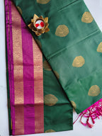 Soft Pattu Green with Magenta Pink