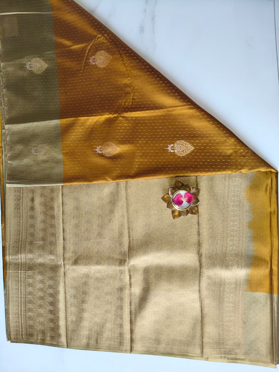 Soft Silk Mustard Yellow with Olive Green