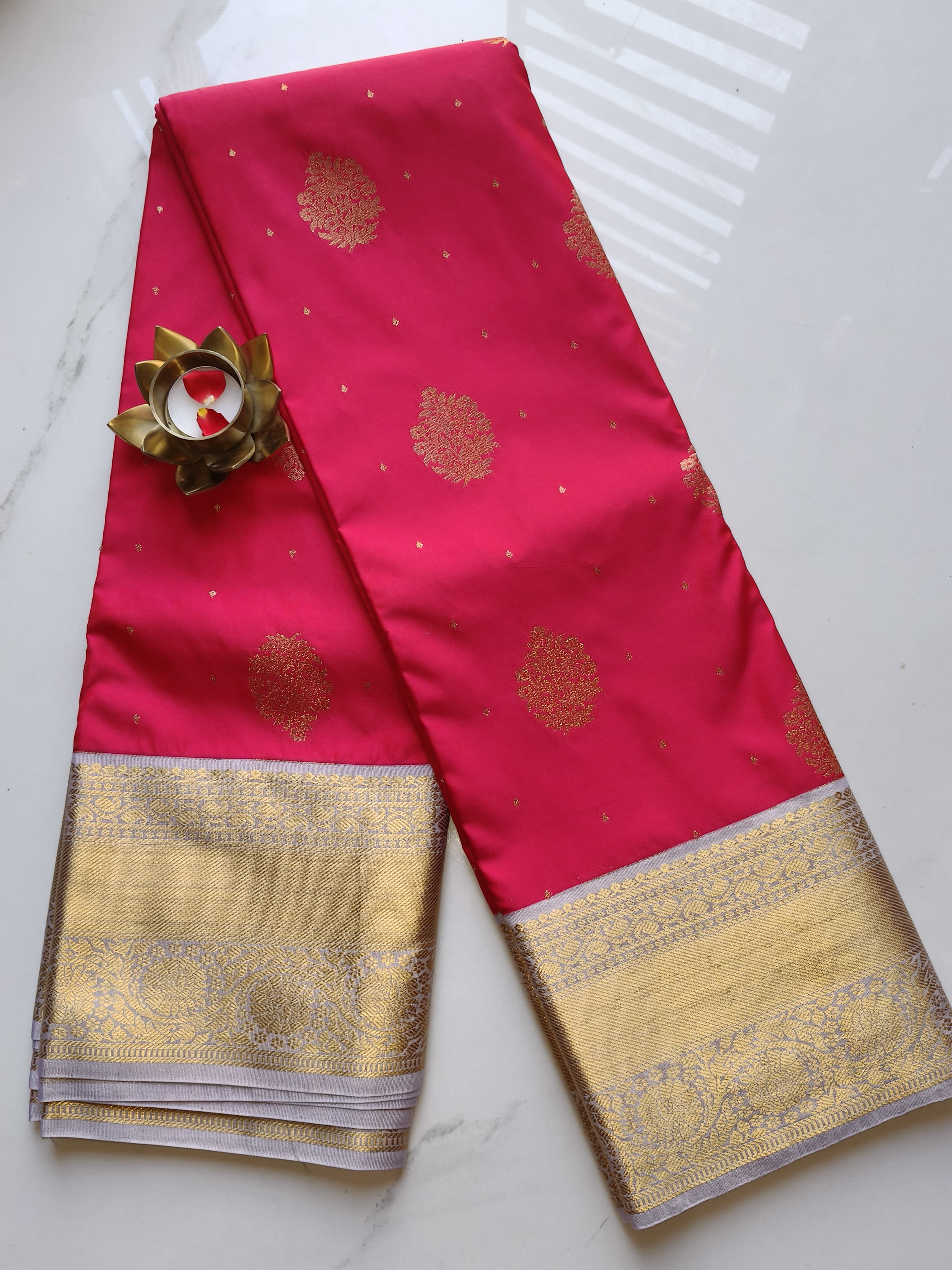 Kanchivaram Pattu Cherry Red with Grey