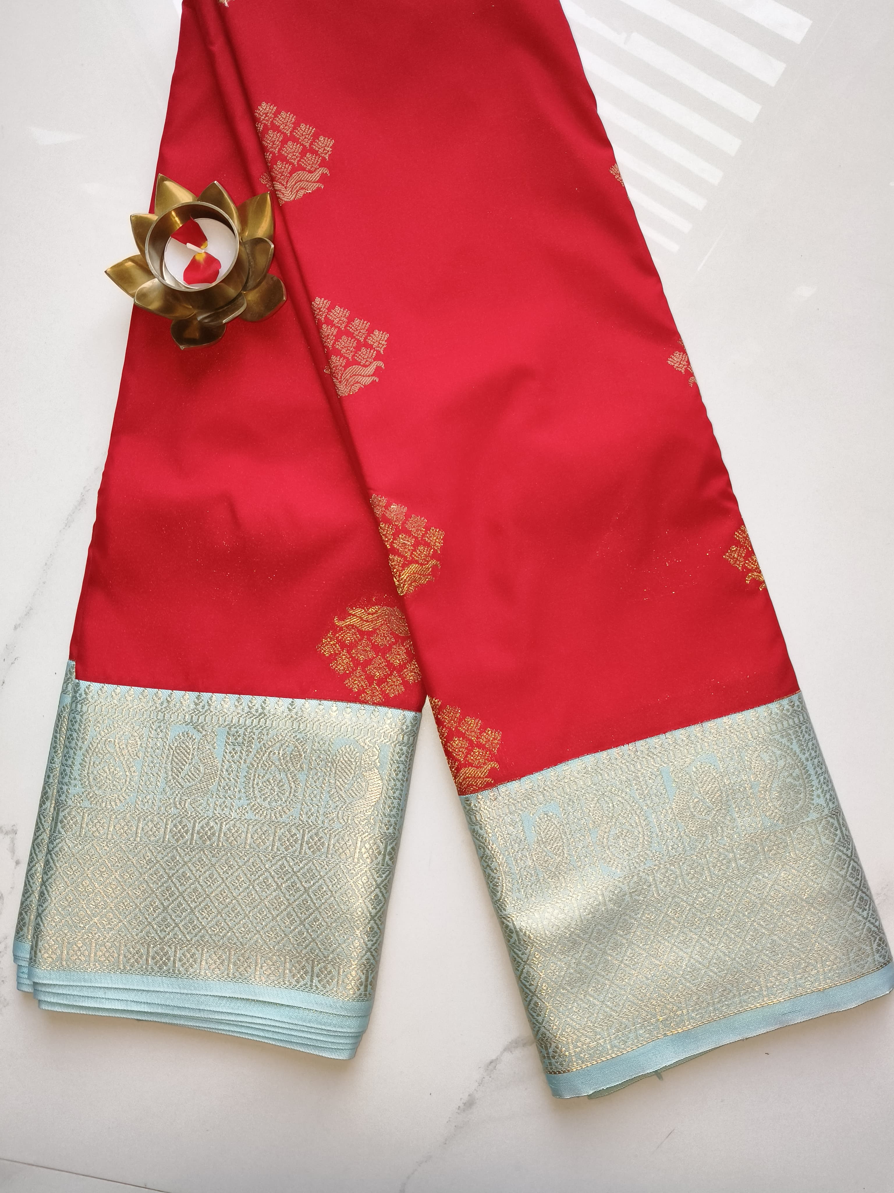 Kanchivaram Pattu Cherry Red with Aqua Blue