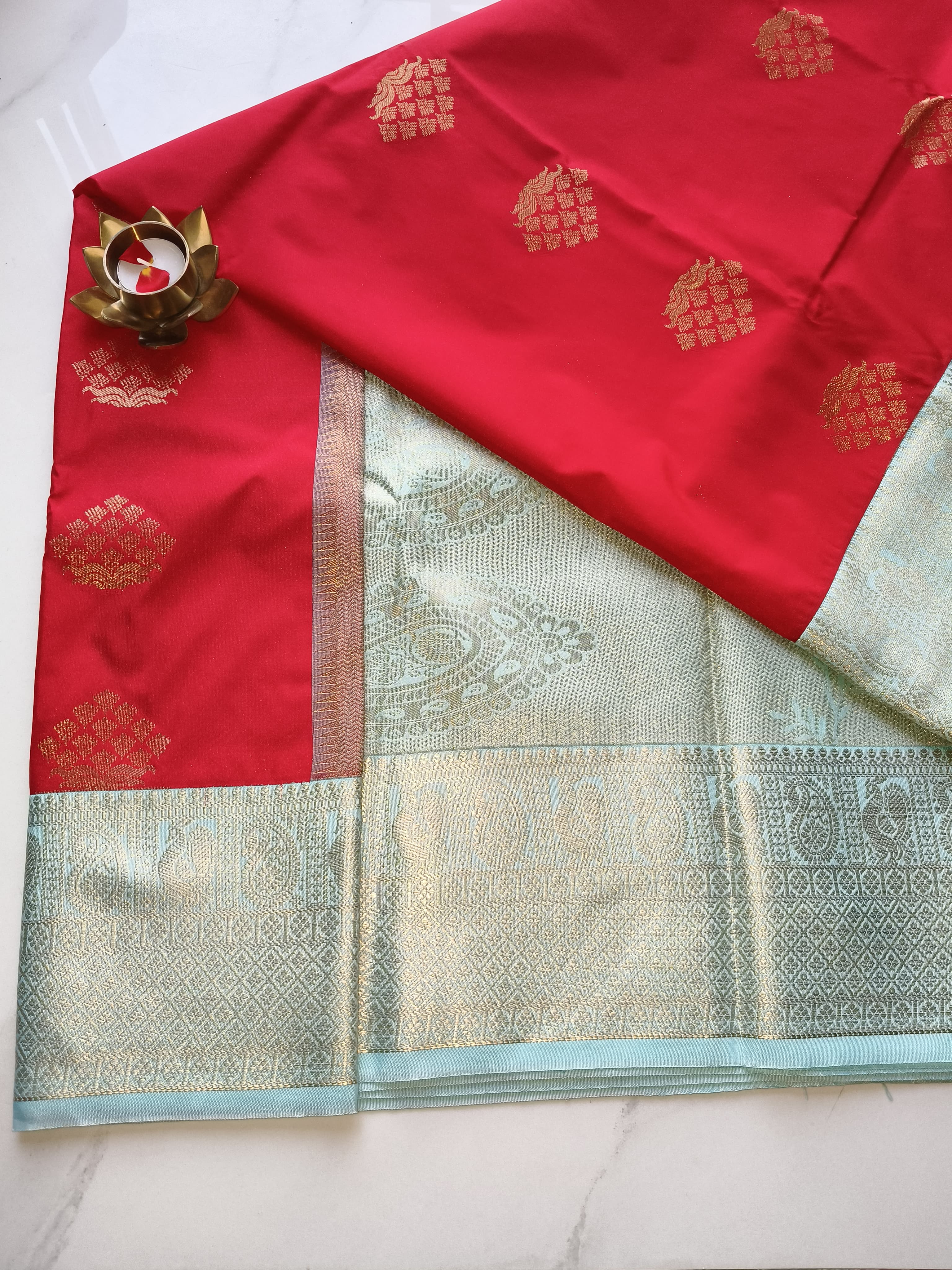 Kanchivaram Pattu Cherry Red with Aqua Blue
