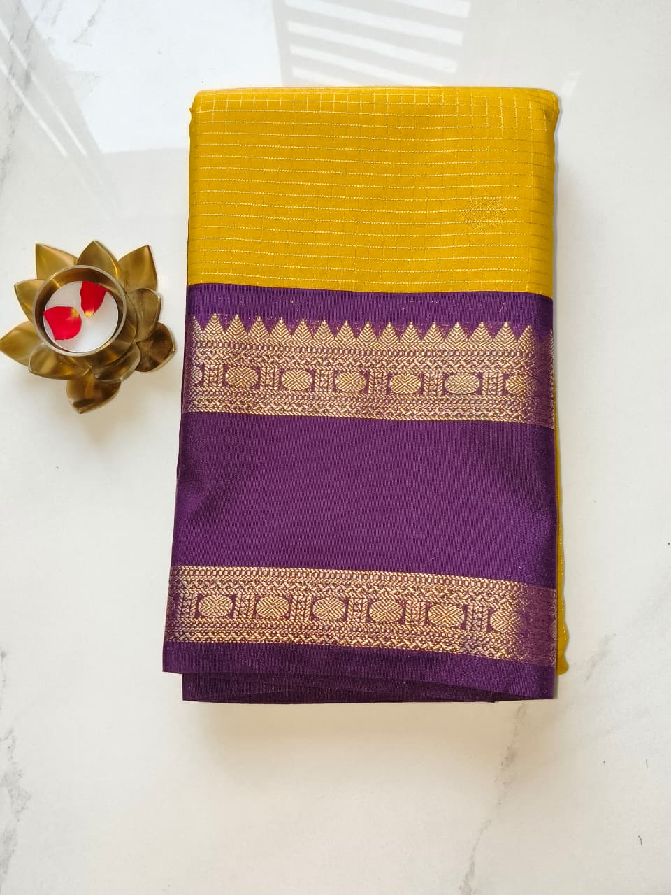 Kanchivaram Checks Yellow with Violet