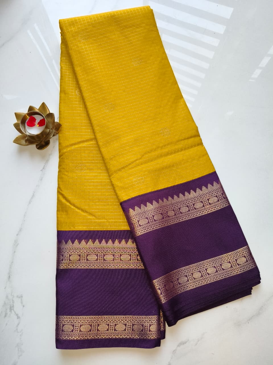 Kanchivaram Checks Yellow with Violet