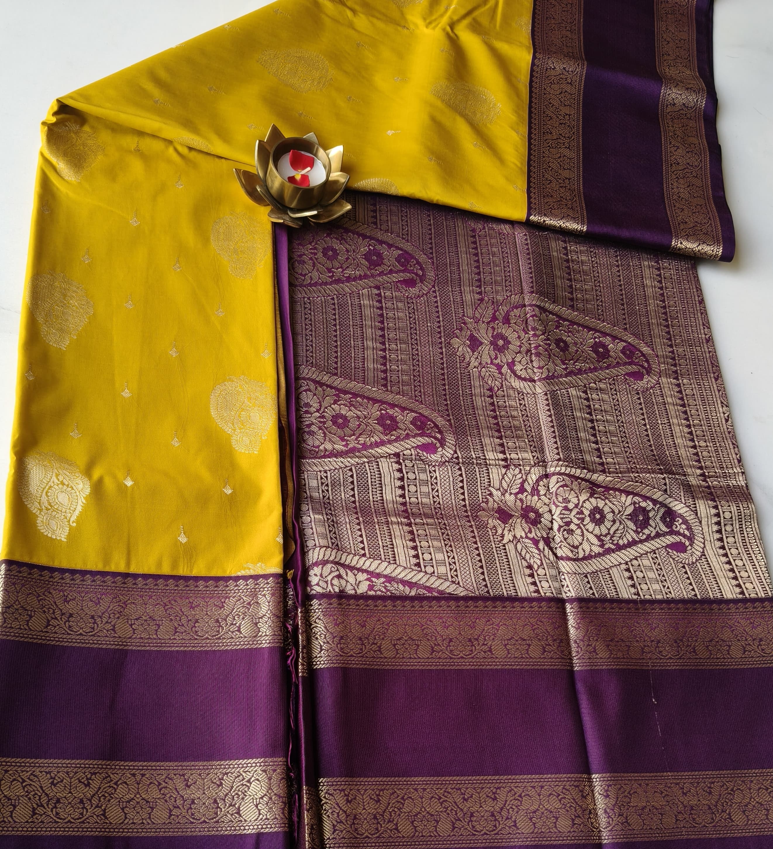 Kanchivaram Pattu Mustard Yellow with Violet