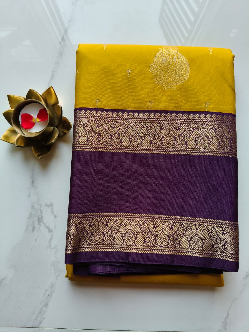 Kanchivaram Pattu Mustard Yellow with Violet