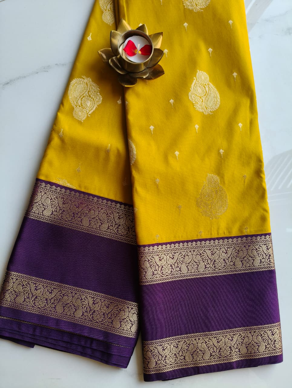 Kanchivaram Pattu Mustard Yellow with Violet