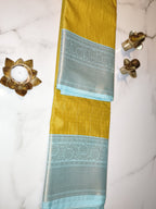 Kanchivaram Checks Lemon Yellow with Teal Blue