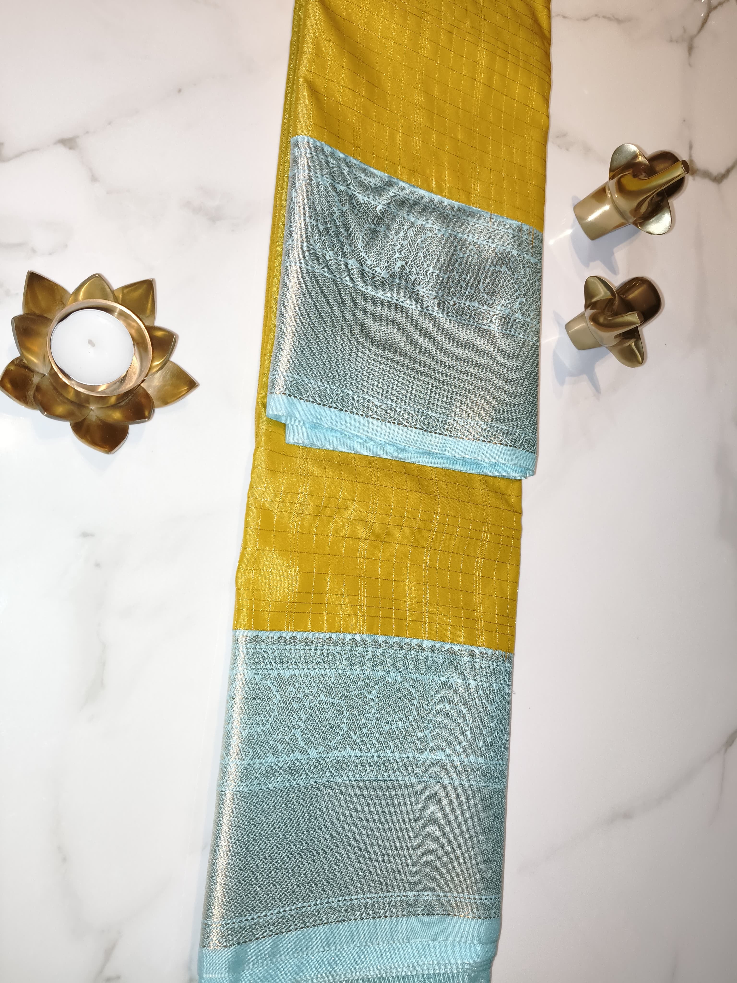 Kanchivaram Checks Lemon Yellow with Teal Blue