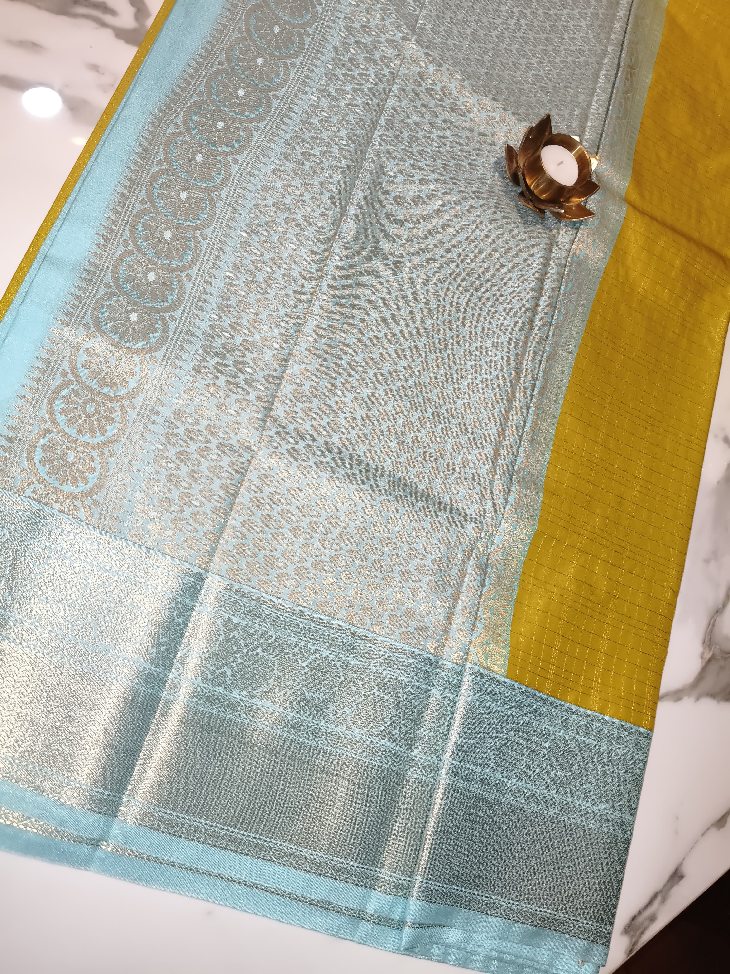 Kanchivaram Checks Lemon Yellow with Teal Blue