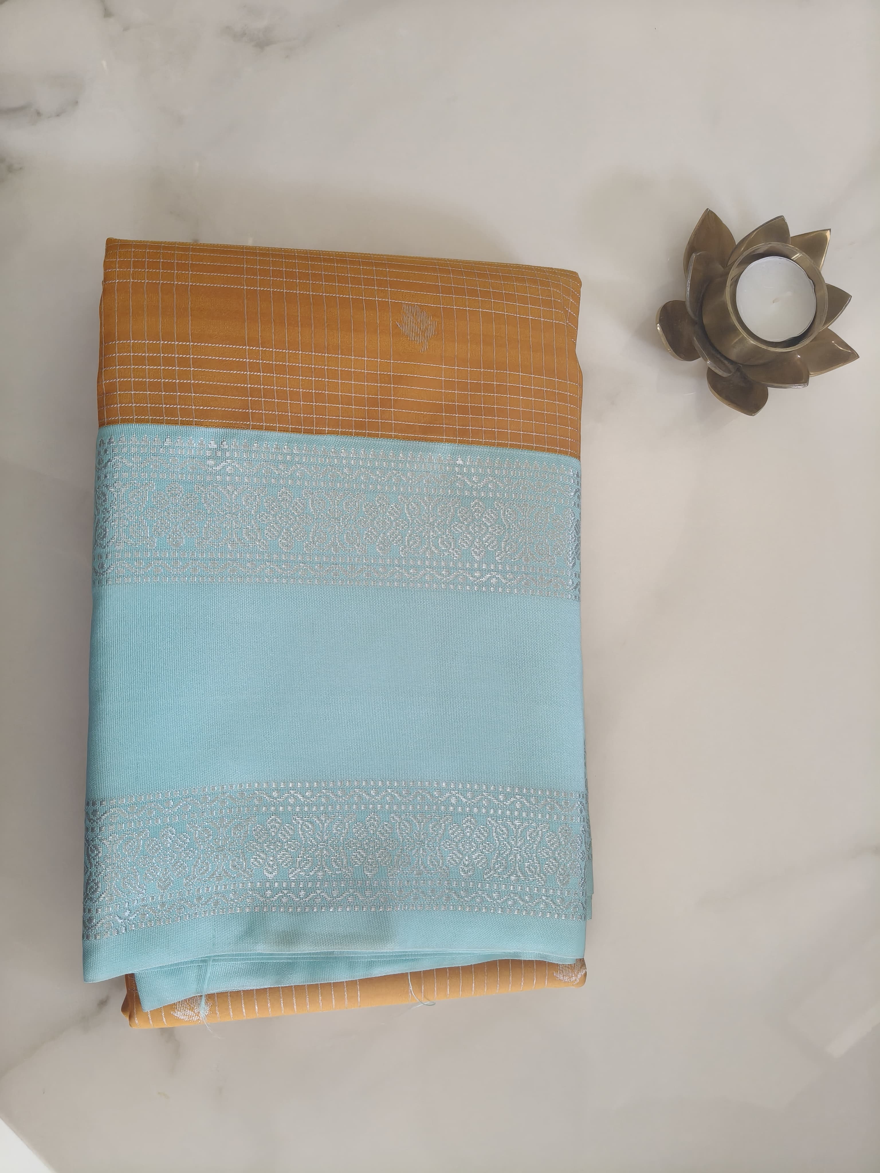 Kanchivaram Checks Honey Yellow with Aqua Blue