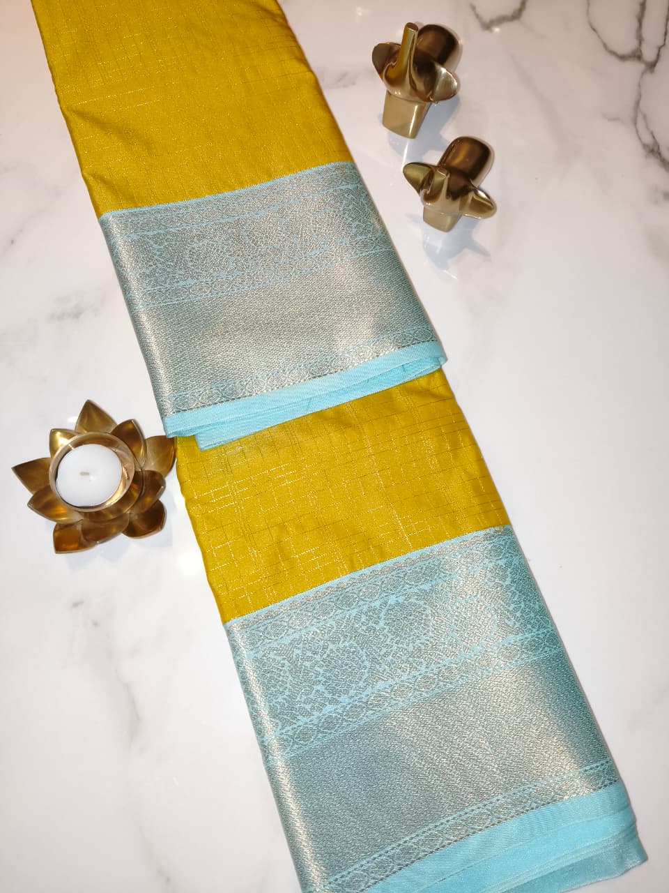 Kanchivaram Checks Lemon Yellow with Teal Blue