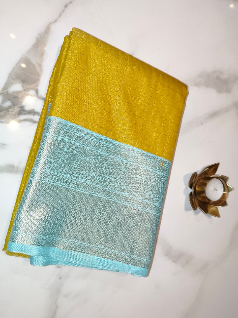 Kanchivaram Checks Lemon Yellow with Teal Blue