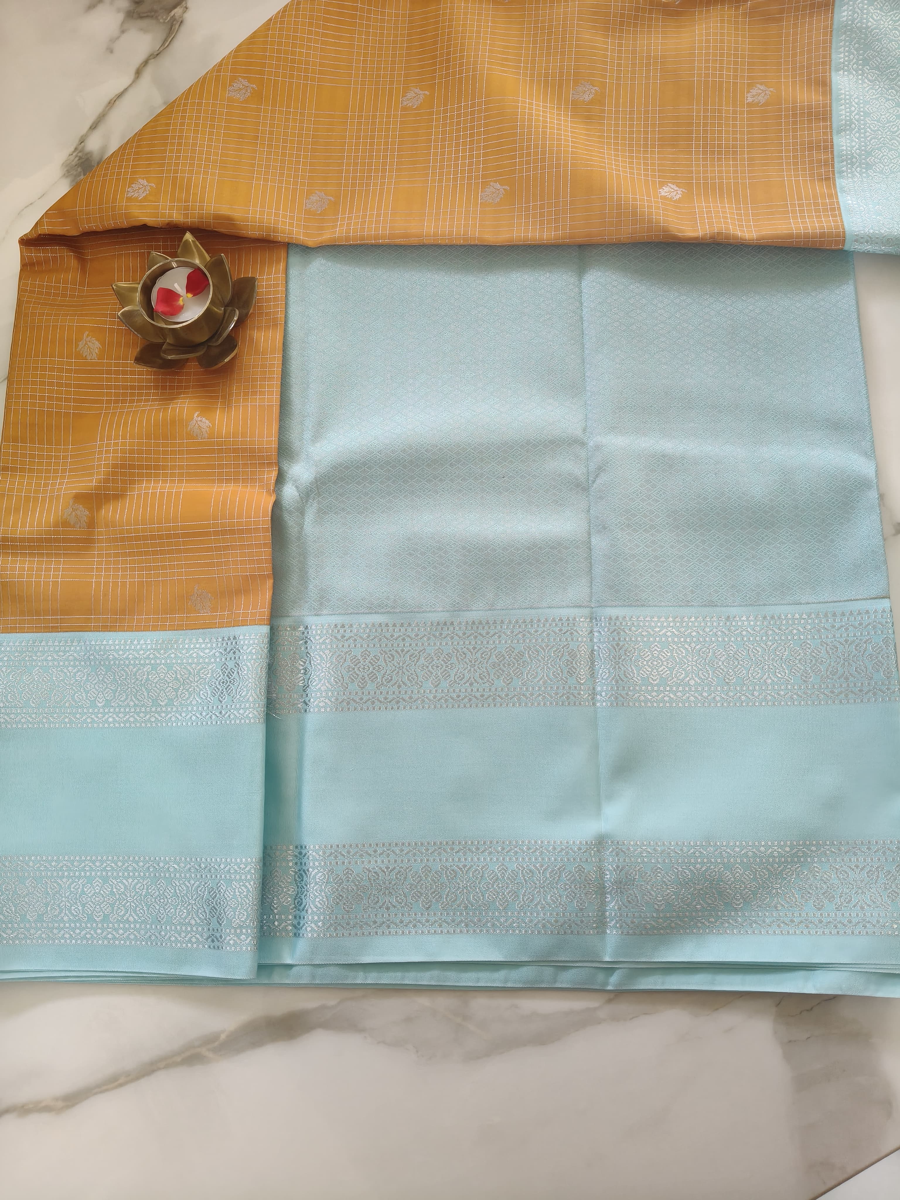 Kanchivaram Checks Honey Yellow with Aqua Blue