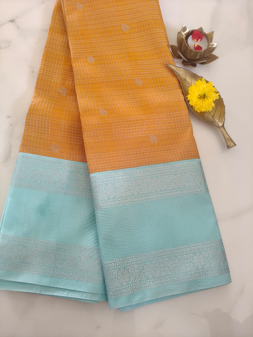 Kanchivaram Checks Honey Yellow with Aqua Blue