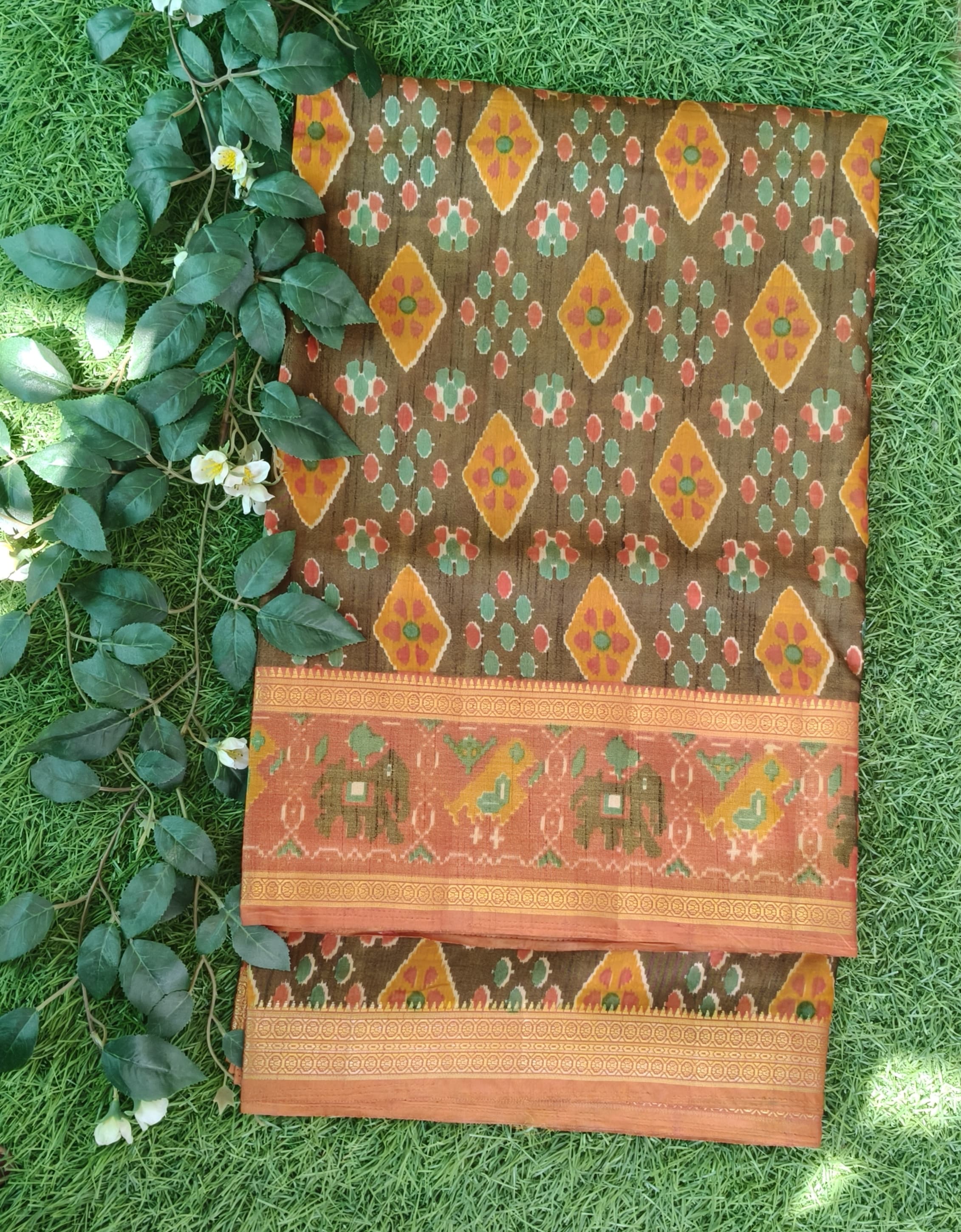 Earthy Brown Pochampally with Elephant motif and Bentex Border