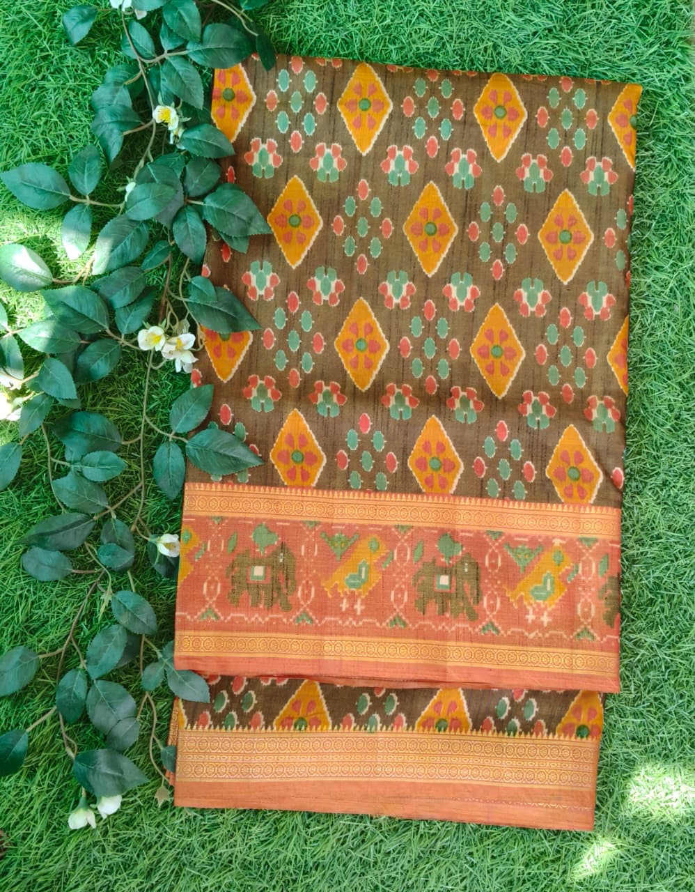 Earthy Brown Pochampally with Elephant motif and Bentex Border
